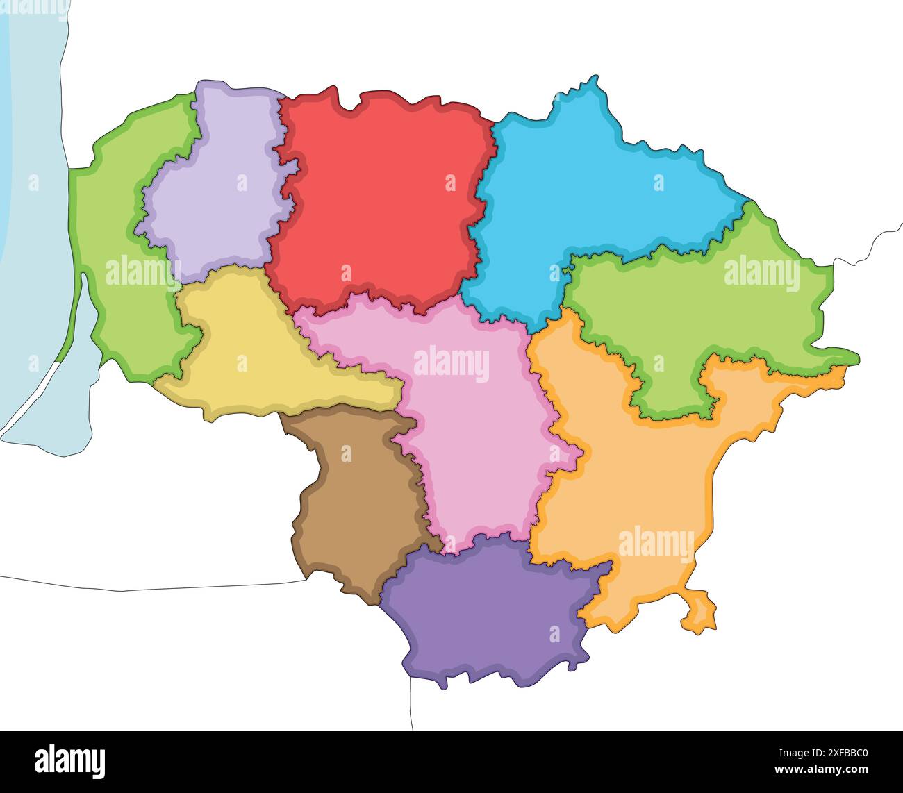 Vector illustrated regional blank map of Lithuania with counties and administrative divisions, and neighbouring countries and territories. Editable an Stock Vector