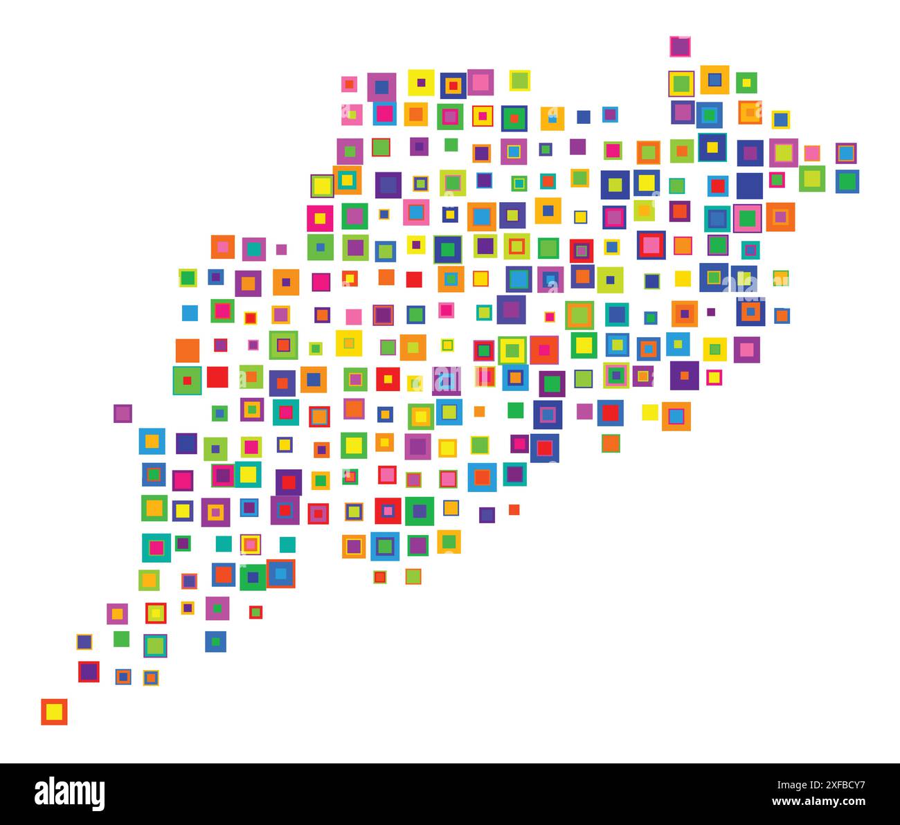 Symbol Map of the State Odisha (India). Abstract map showing the state/province with a pattern of overlapping colorful squares like candies Stock Vector