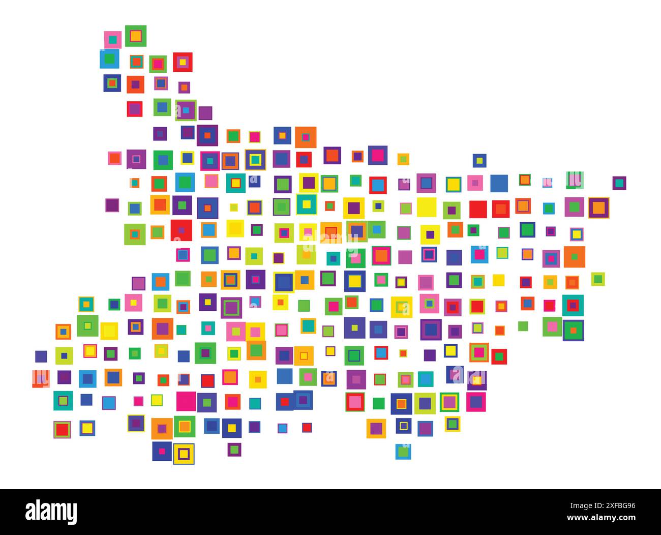 Symbol Map of the State Bihar (India). Abstract map showing the state/province with a pattern of overlapping colorful squares like candies Stock Vector