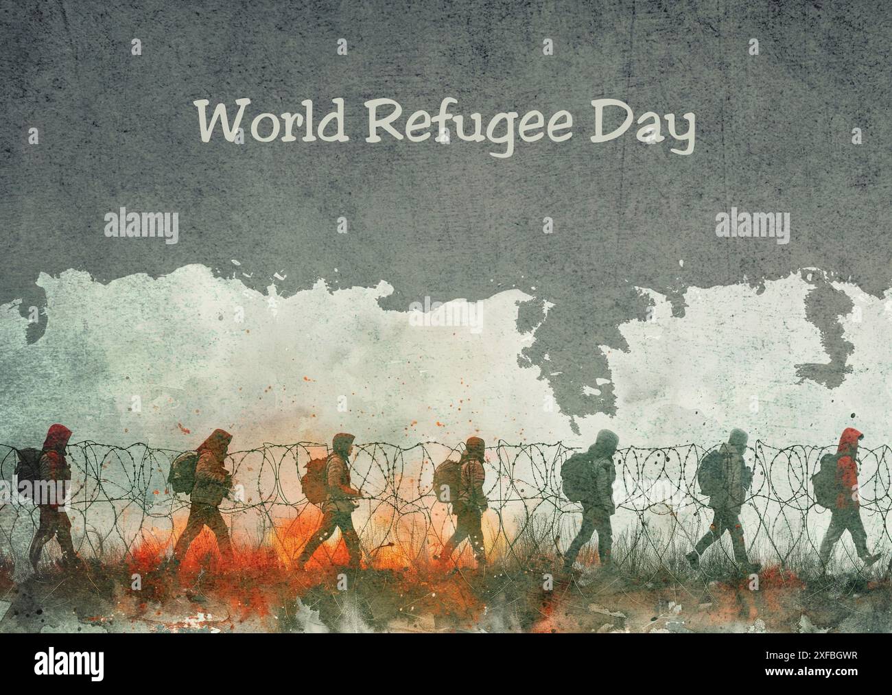 World refugee day, global immigration, barbed wire, exile camp, illegal border crossing, prison fence, human rights and racism Stock Photo