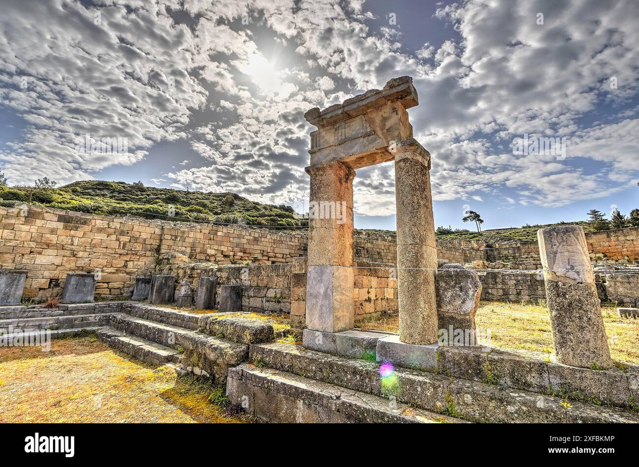 HDR, Super wide angle shot, Ancient ruins with stone walls and columns ...