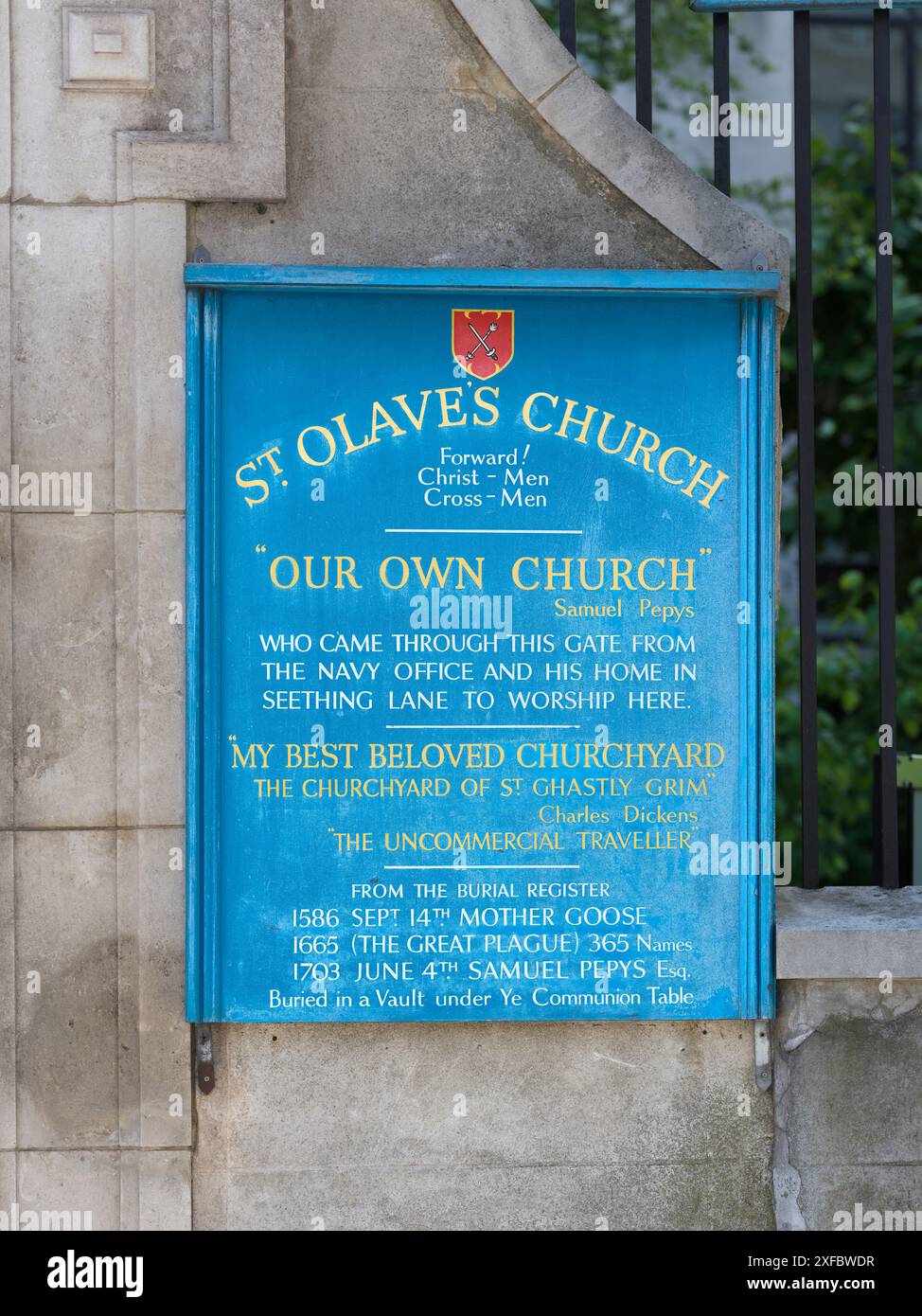 Noticeboard of St Olave's christian church, Seething Lane, London, England. Stock Photo