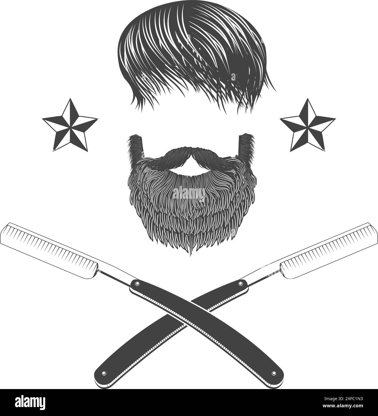 Skull with beard and two shaving blades. T-shirt print design template ...