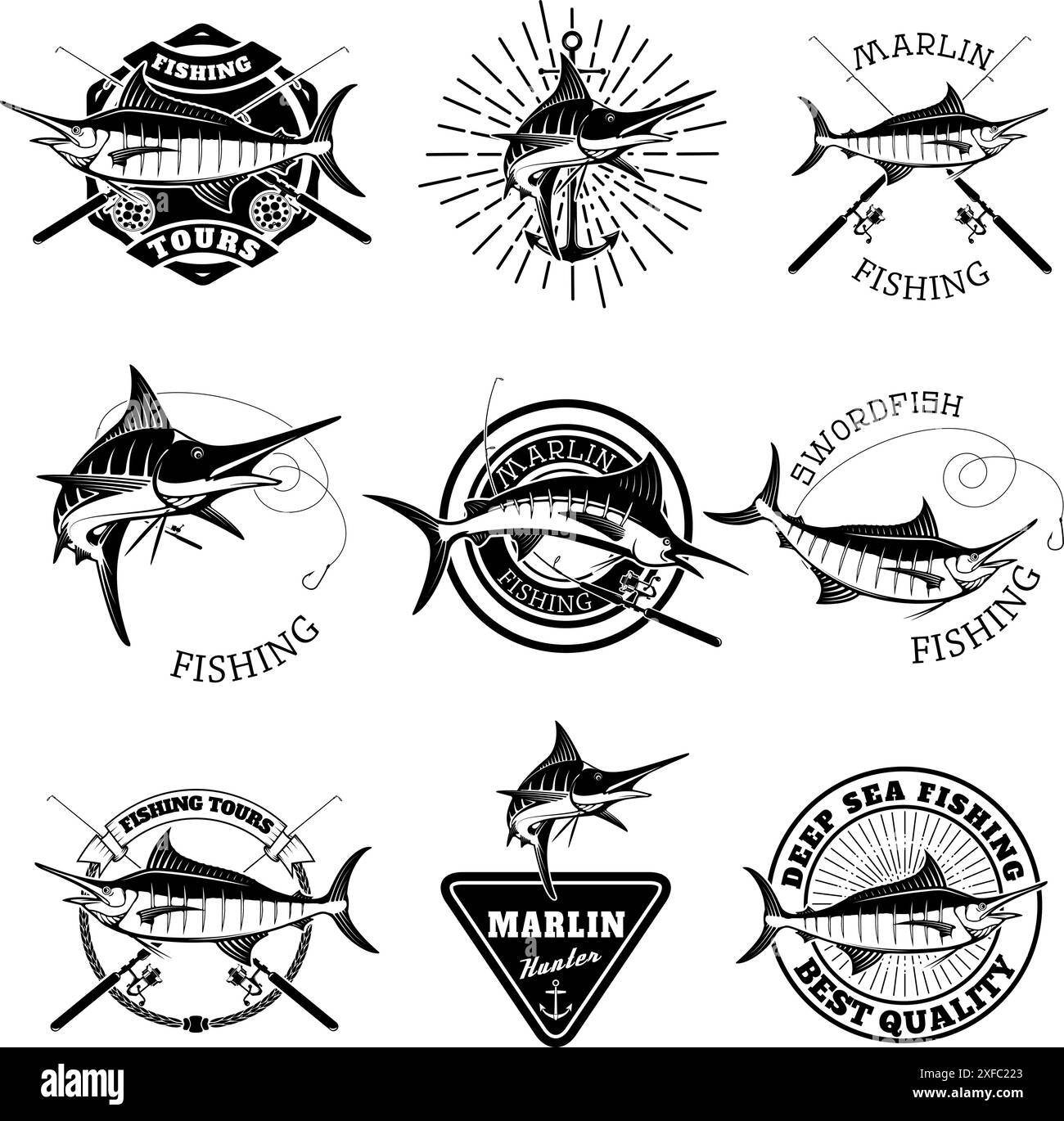 Marlin fishing. Swordfish icons. Deep sea fishing. Design elements for