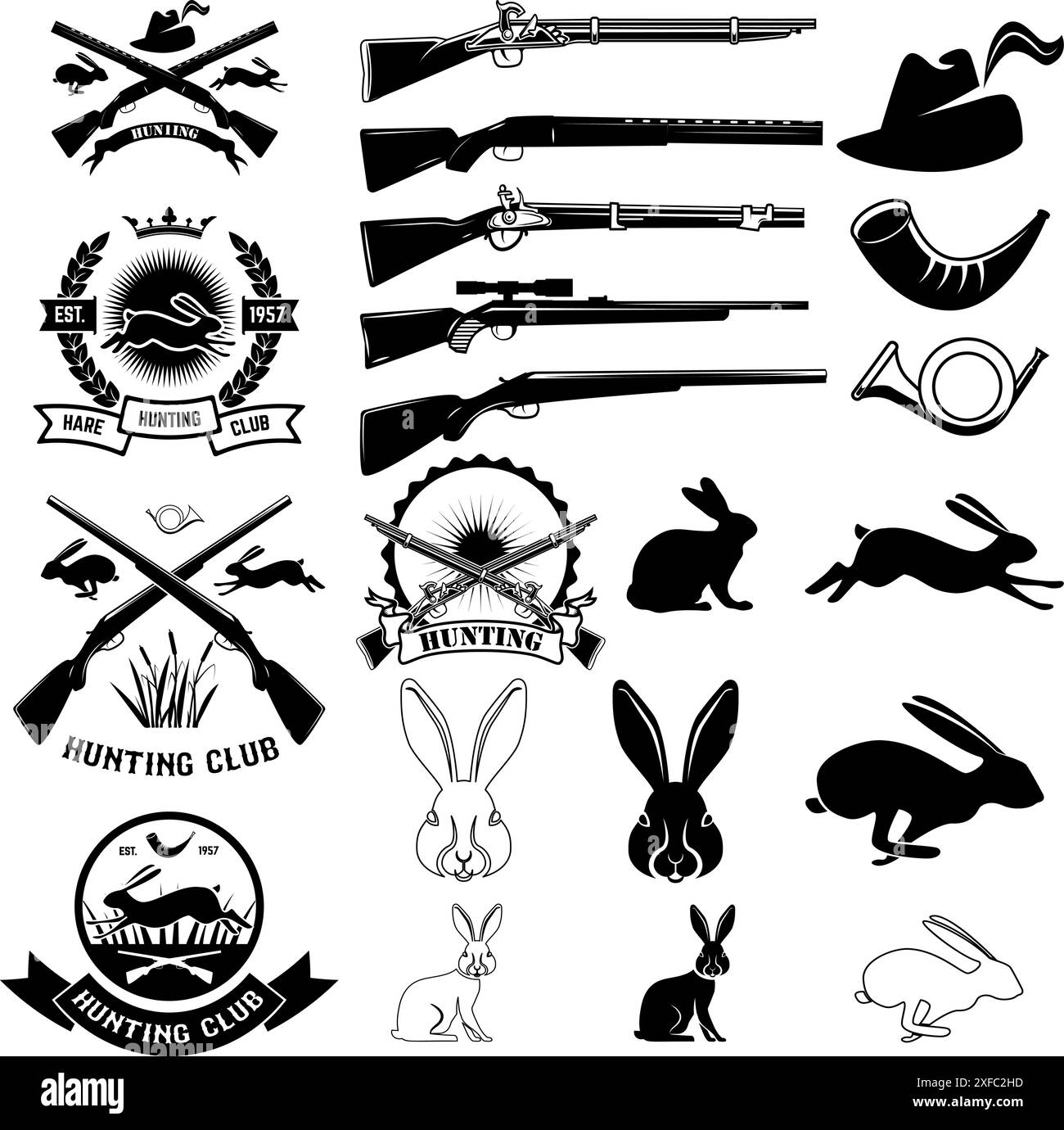 Set of hare hunting club labels, badges and design elements. Vector
