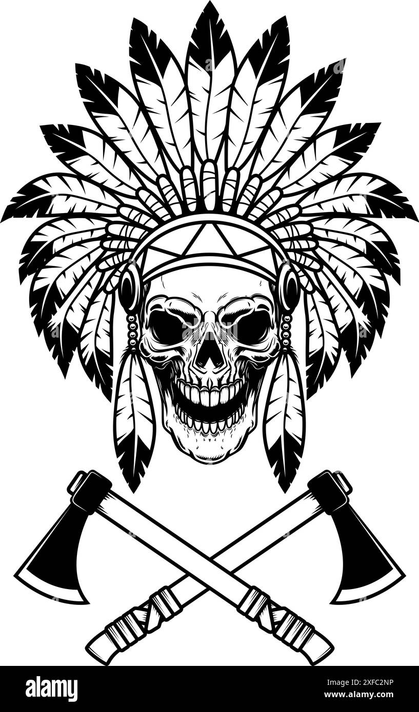 Native indian skull in traditional headdress. Vector illustration Stock