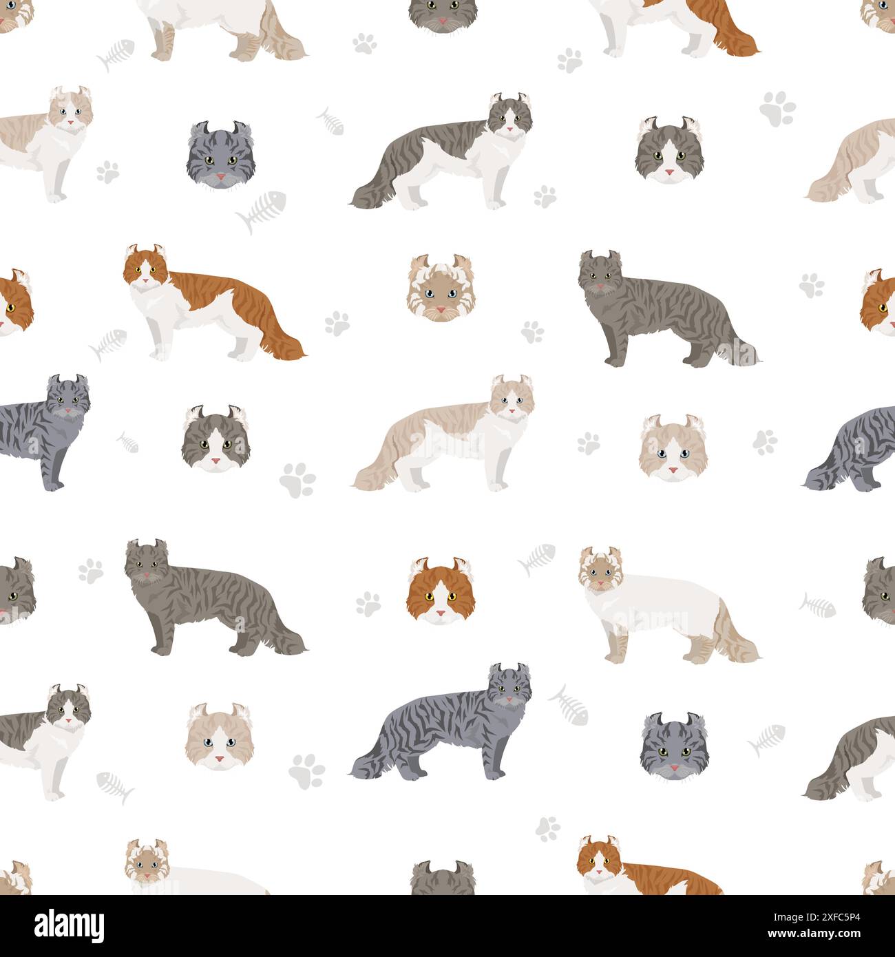 American Curl cat seamless pattern. All coat colors set. All cat breeds ...