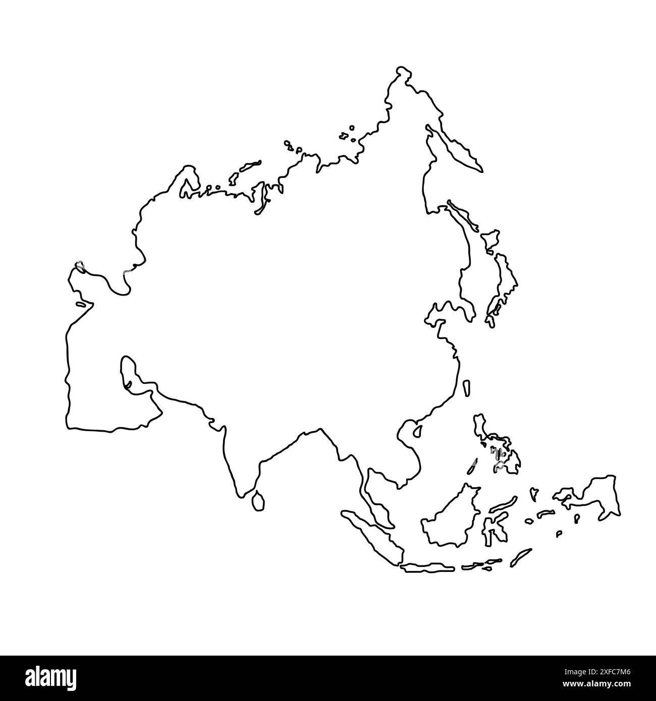 Asia hand drawn map, continent silhouette, stylized contour borders