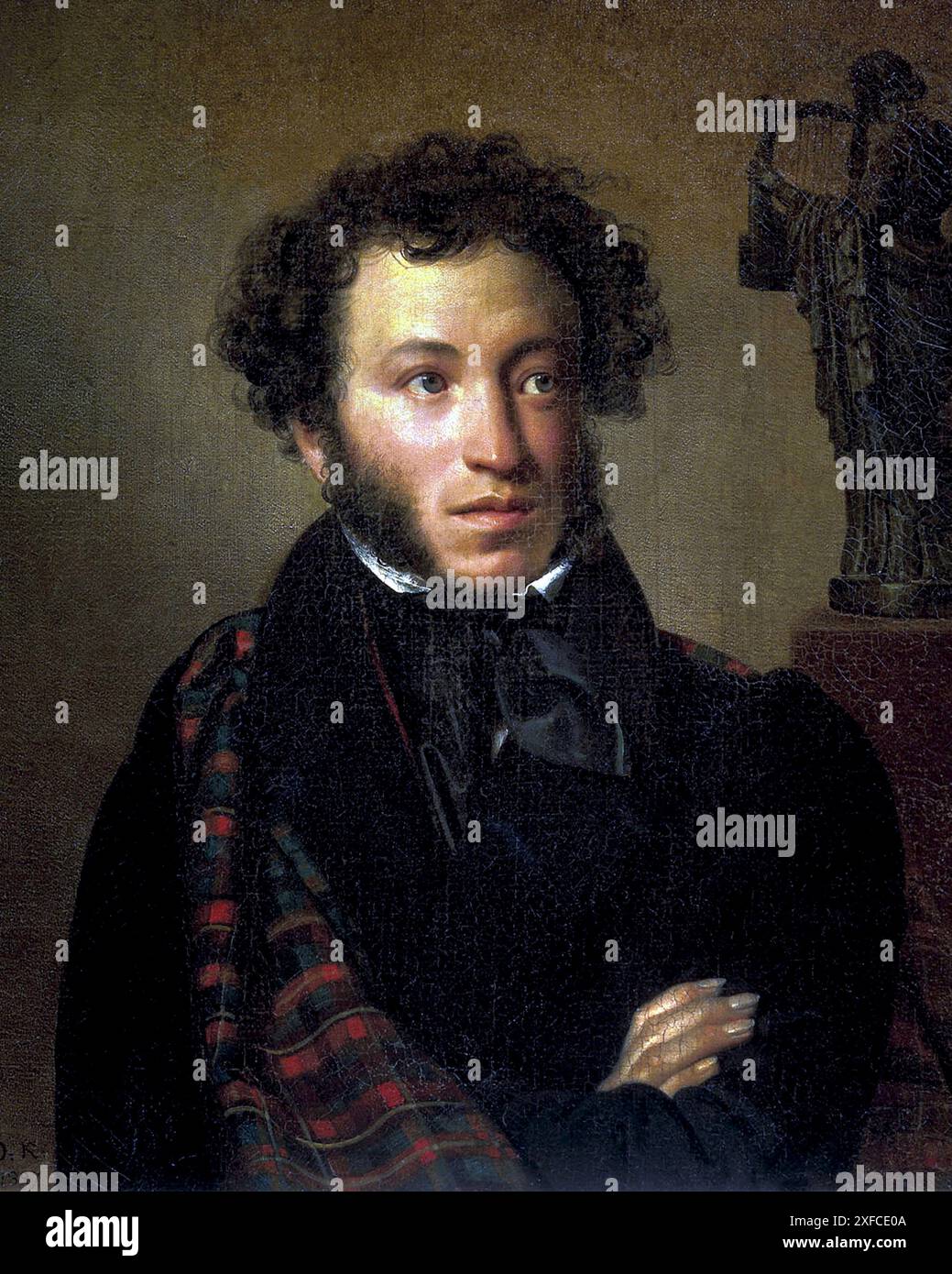 Alexander Puschkin, 1827. Öl auf Leinwand. Orest Adamovich Kiprensky (1782-1836), russischer Maler. Puschkin (1799-1837), Dichter, Romanautor und Dramatiker. Porträt Kopf und Schultern Russische romantische Literatur Stock Photo