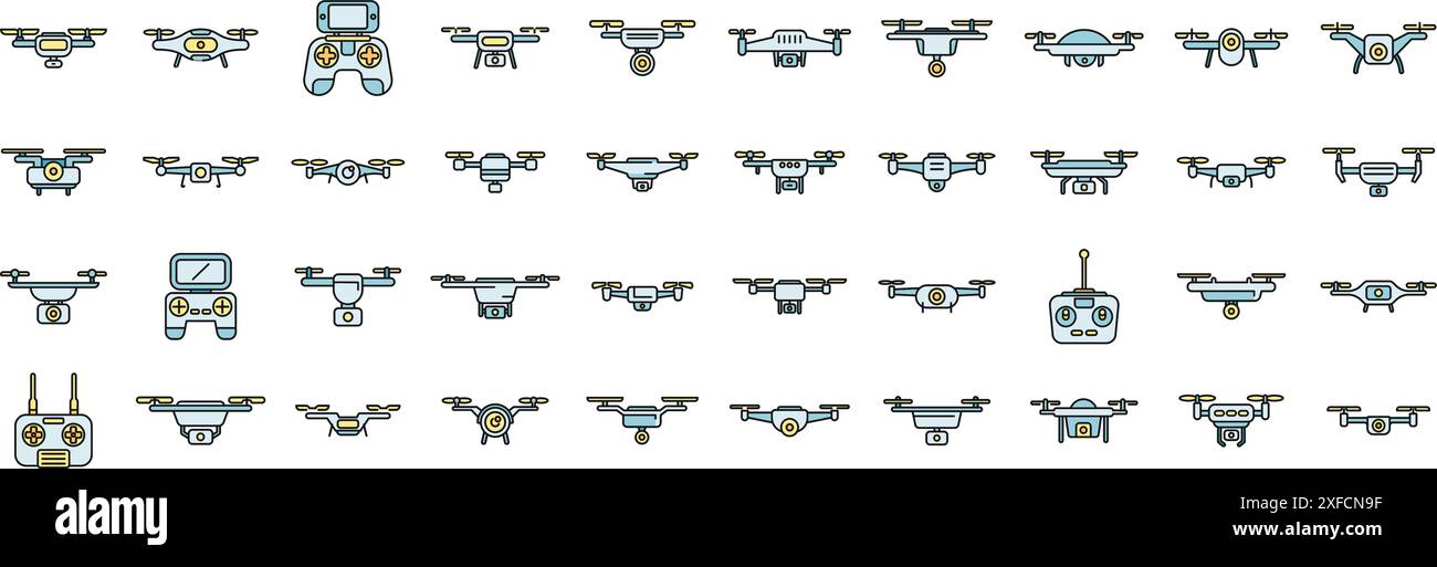 Aerial videography icons set outline vector. Drone camera. Aero filming thin line color flat on white Stock Vector