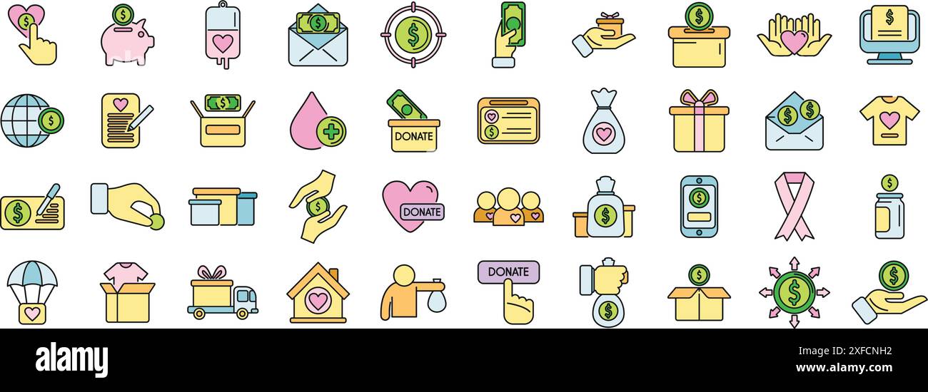 Fundraising icons set outline vector. Donate contribute. Give gift thin line color flat on white Stock Vector