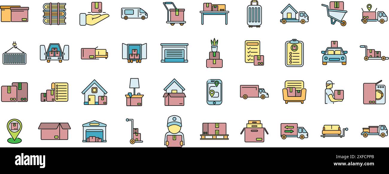 Moving house services icons set outline vector. Storehouse box. Cargo ...