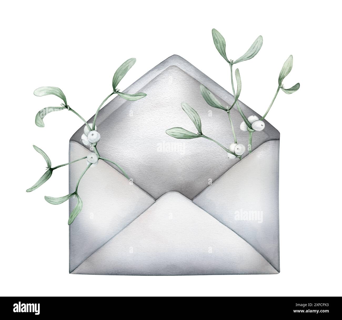 Open beige vintage envelope and Christmas mistletoe isolated on a white ...