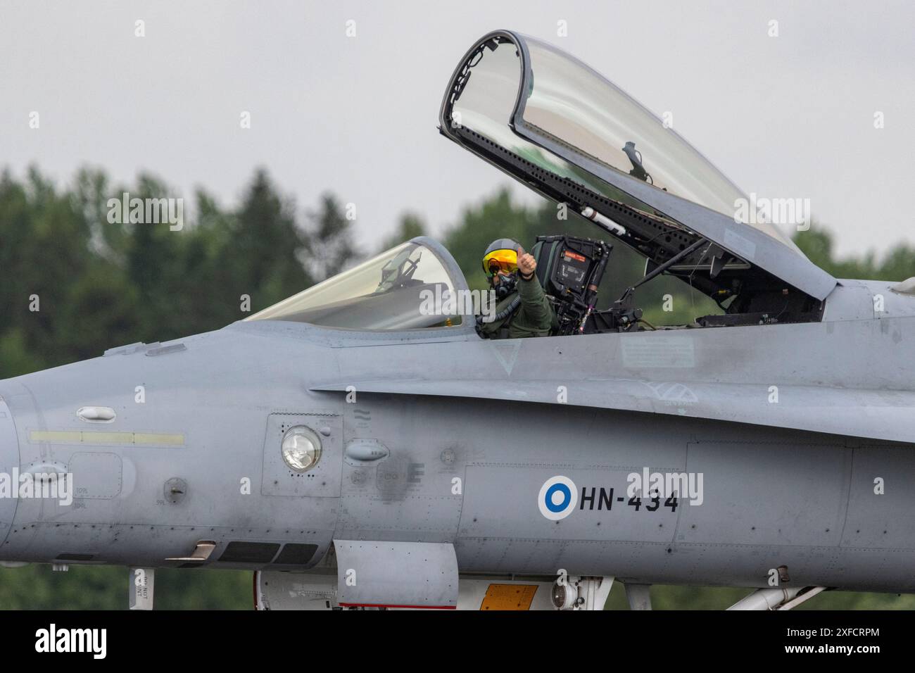 A Finnish Air Force f18 Hornet performing at the Vaasa Airshow in Finland Stock Photo