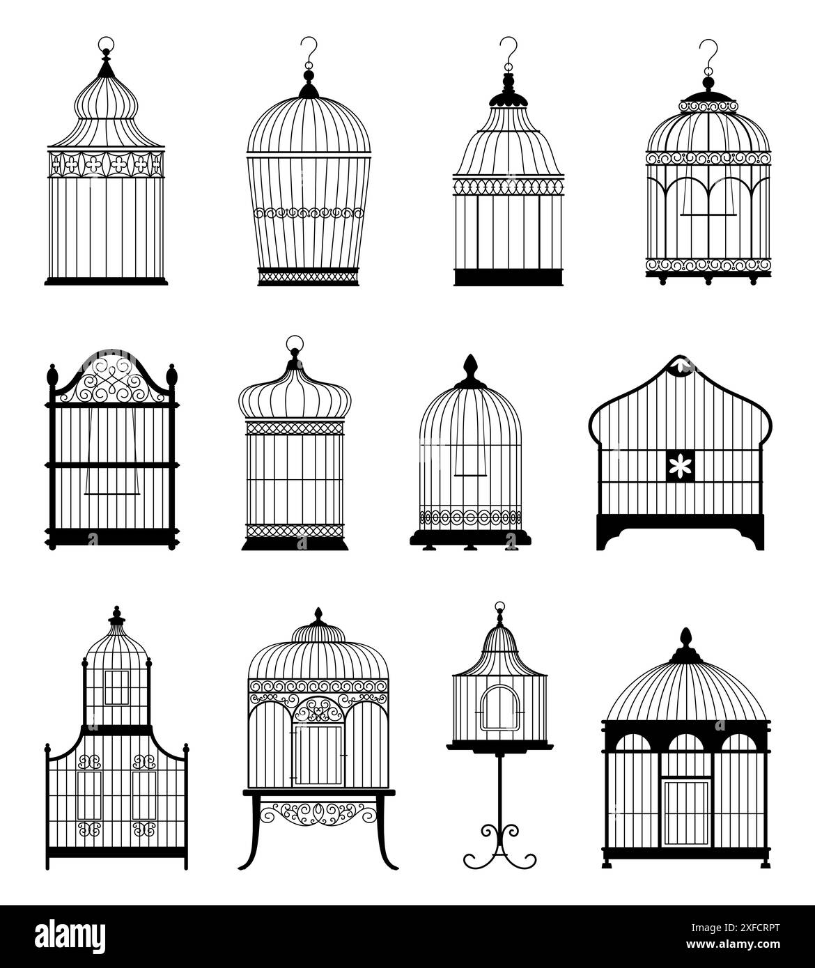 Silhouette bird cages set. Empty decorative vintage houses for parrots