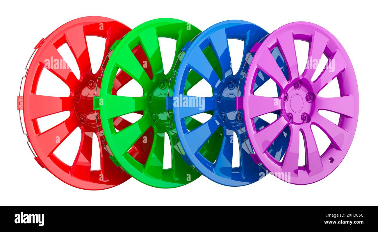 Colored hubcaps, wheel covers. 3D rendering isolated on white background Stock Photo