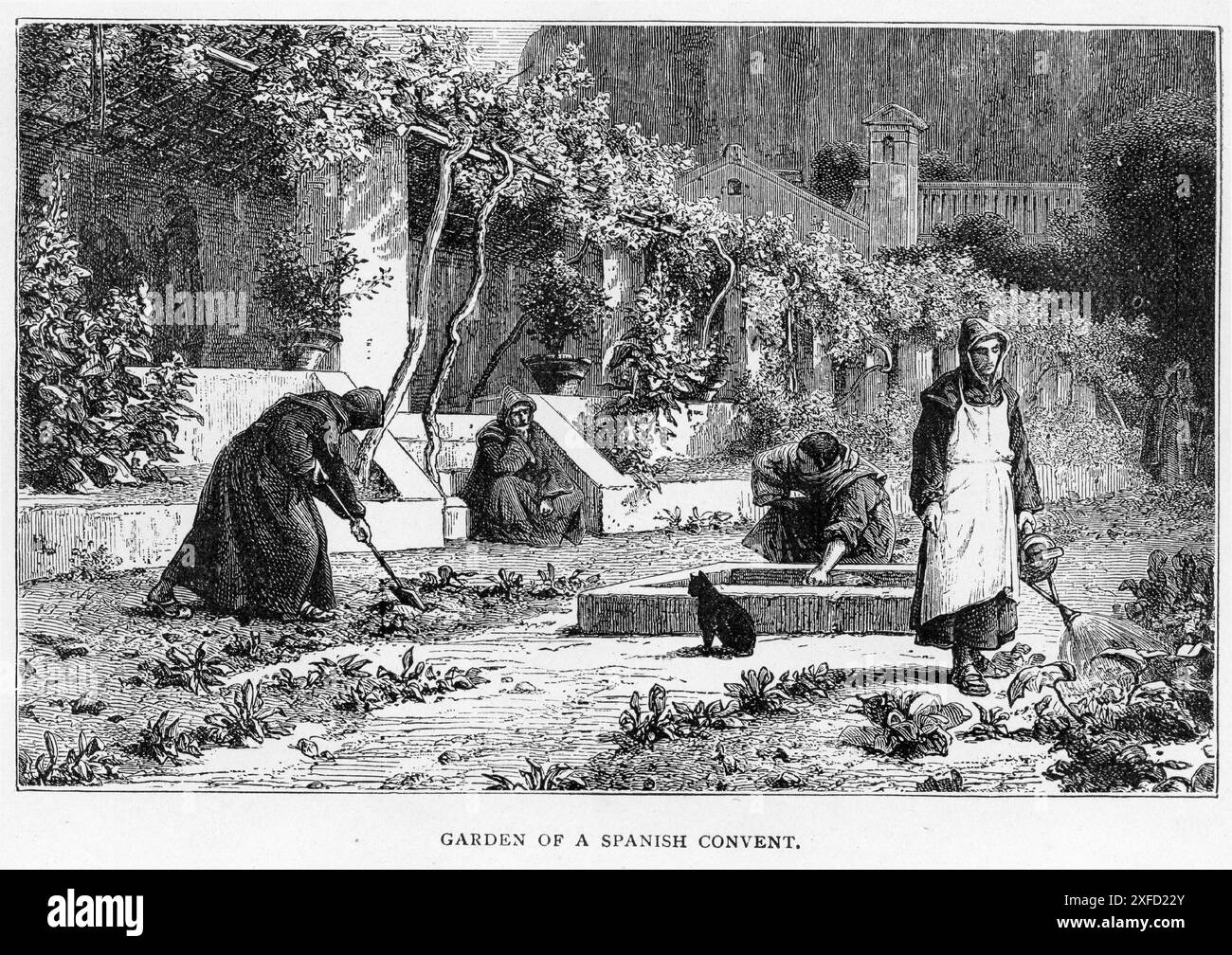 Engraving of the Garden of a Spanish convent, circa 1890 Stock Photo