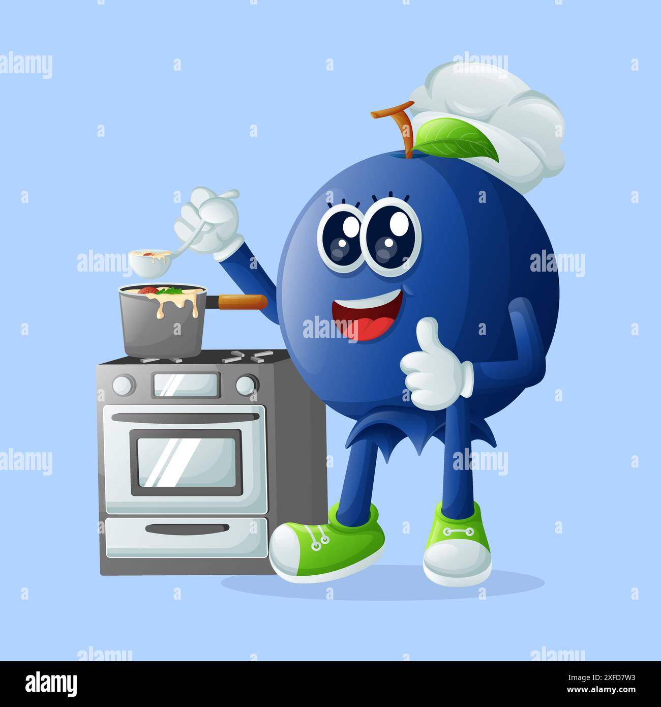 Cute blueberry character cooking on a stove. Perfect for kids, merchandise and sticker, banner promotion or blog Stock Vector