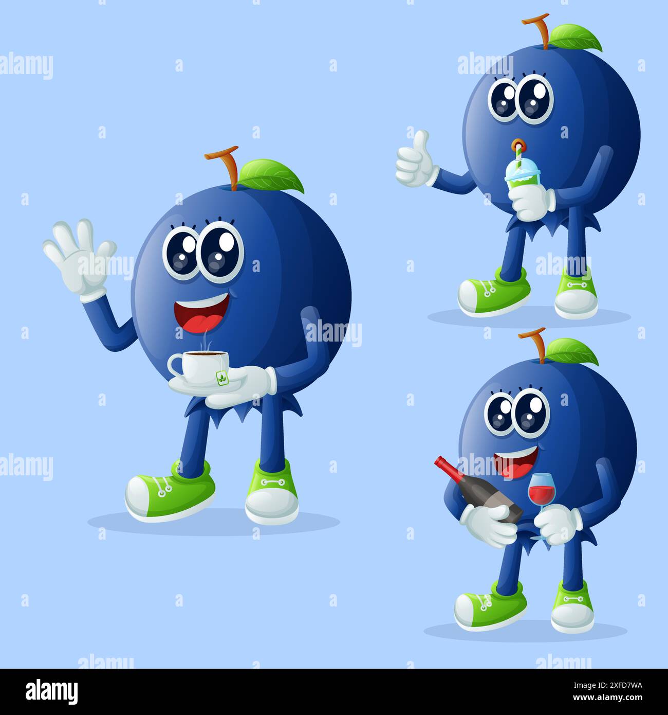 Set of cute blueberry characters enjoying beverages. Perfect for kids, merchandise and sticker, banner promotion or blog Stock Vector