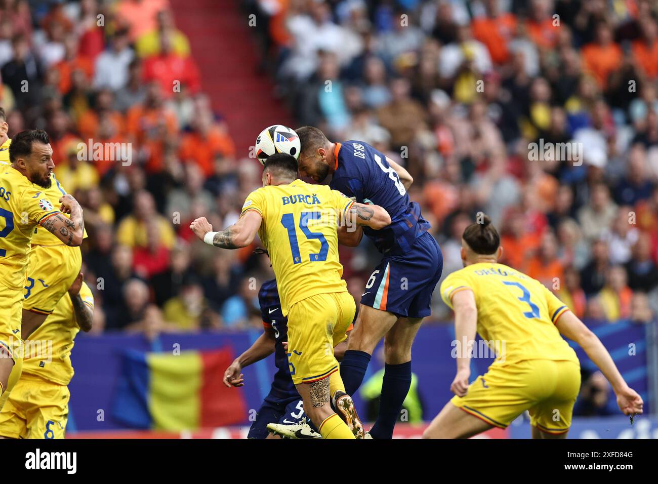 Vasile Mogos (Romania)Andrei Burca (Romania)Stefan de Vrij (Netherlands) during the UEFA Euro Germany 2024 match between Romania 0-3 Netherlands at Munich Football Arena on July 02, 2024 in Munich, Germany. Credit: Maurizio Borsari/AFLO/Alamy Live News Stock Photo