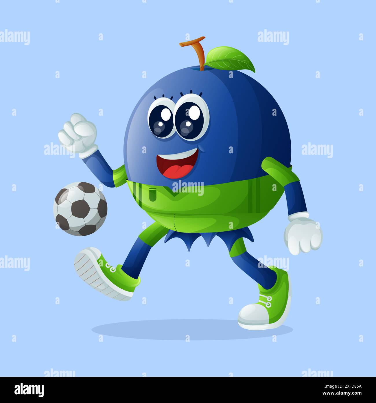 Cute blueberry character playing soccer. Perfect for kids, merchandise and sticker, banner promotion or blog Stock Vector