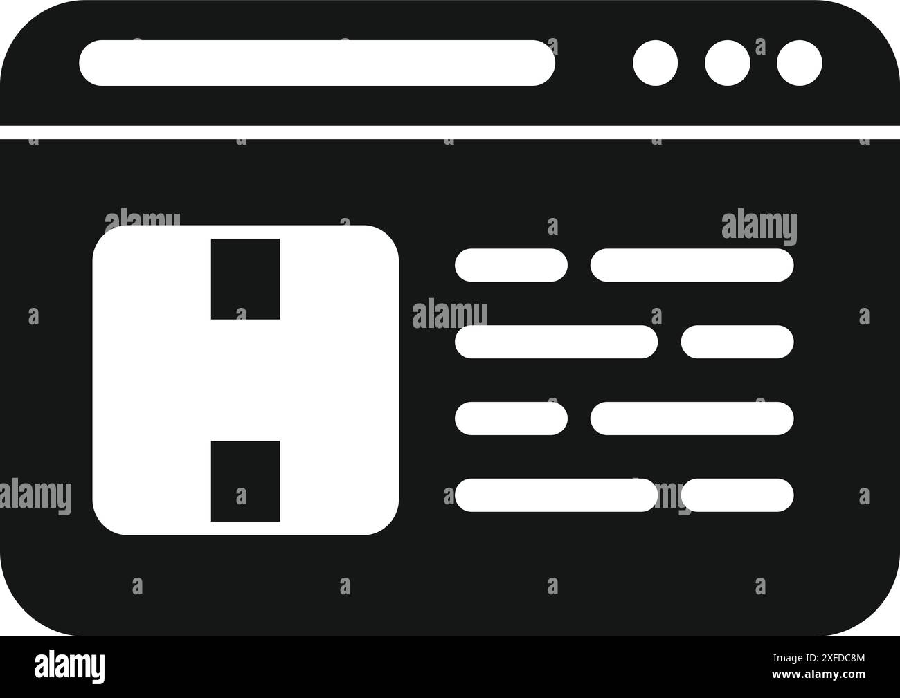 Black and white icon of a website displaying programming code, including a header and menu bar Stock Vector