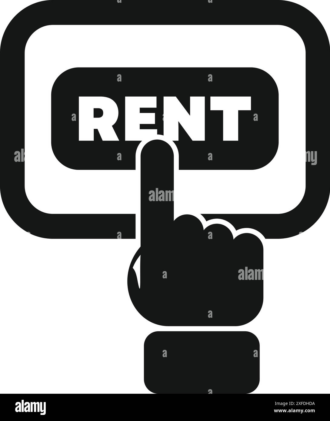 Hand pushing rent button on a tablet, renting an apartment online concept Stock Vector