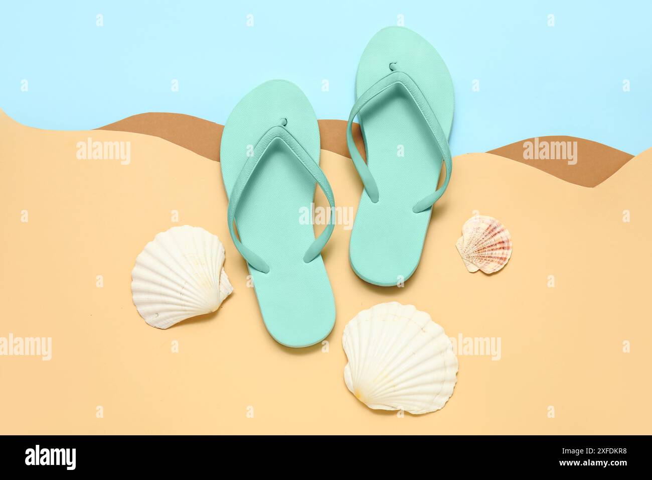 Flip flops with seashells on colorful background Stock Photo