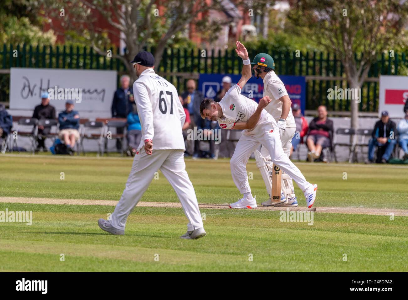 James Anderson bowling during Lancashire v Nottinghamshire County Match 02.07.24 Stock Photo