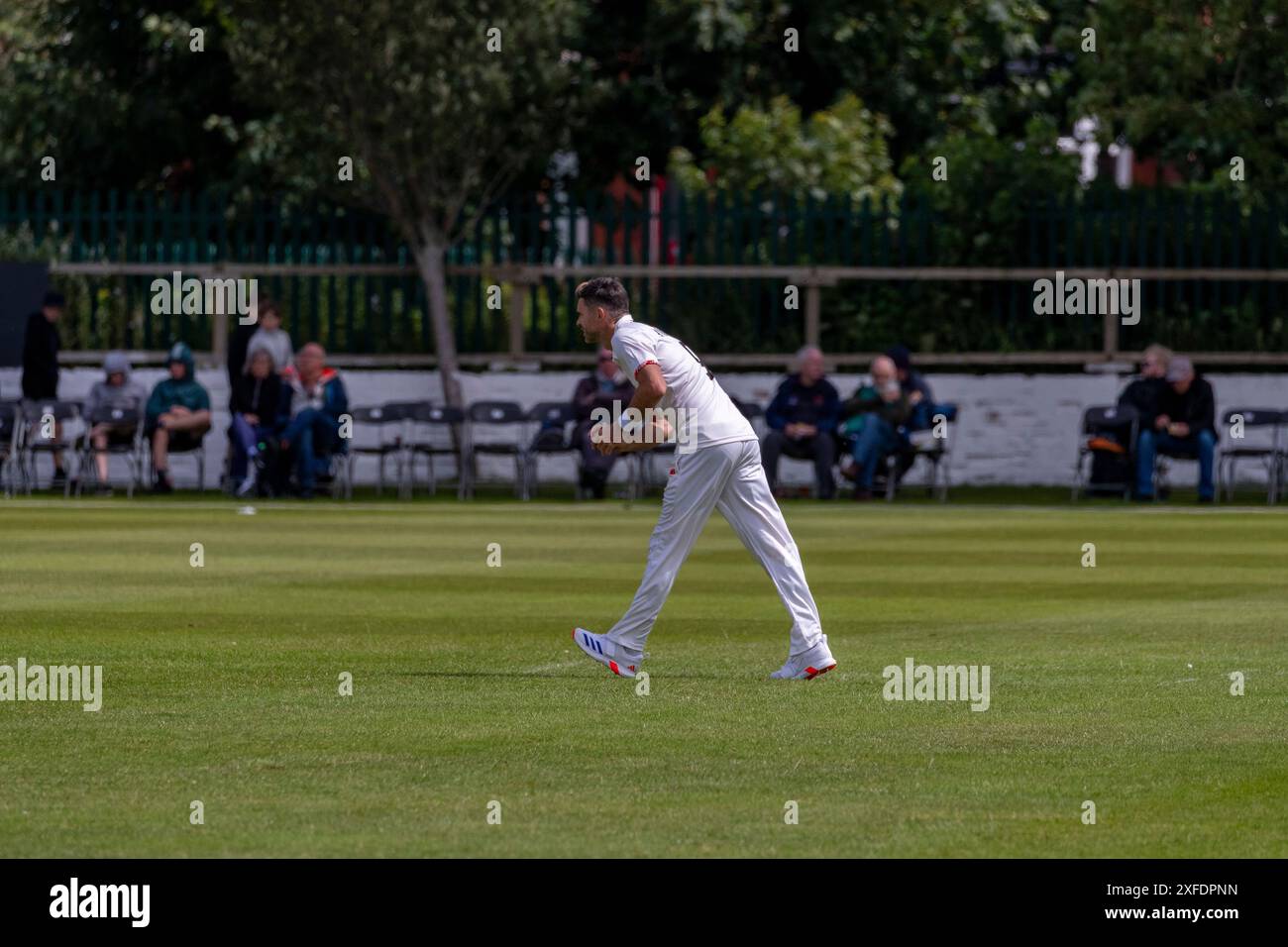 James Anderson bowling during Lancashire v Nottinghamshire County Match 02.07.24 Stock Photo