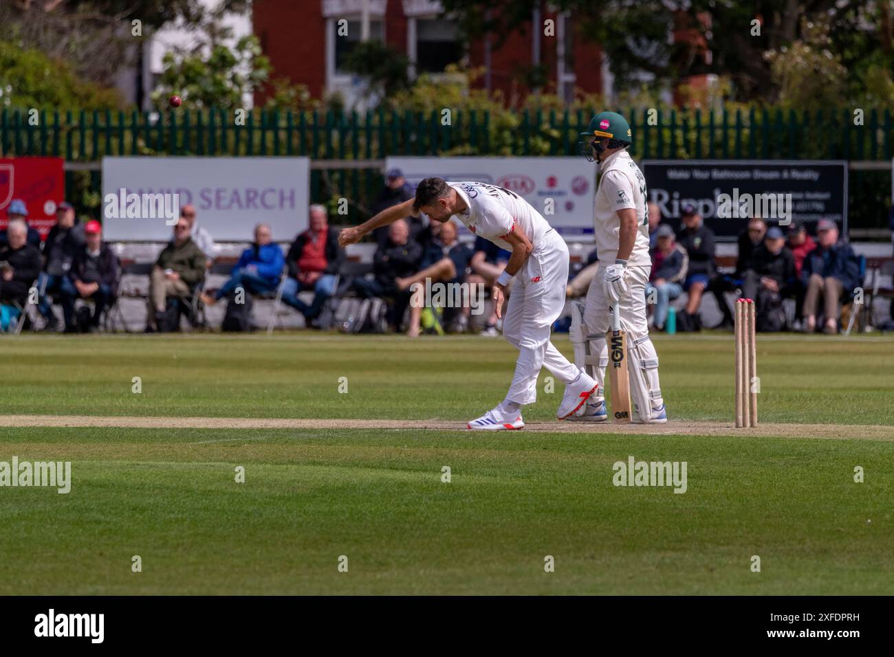 James Anderson bowling during Lancashire v Nottinghamshire County Match 02.07.24 Stock Photo