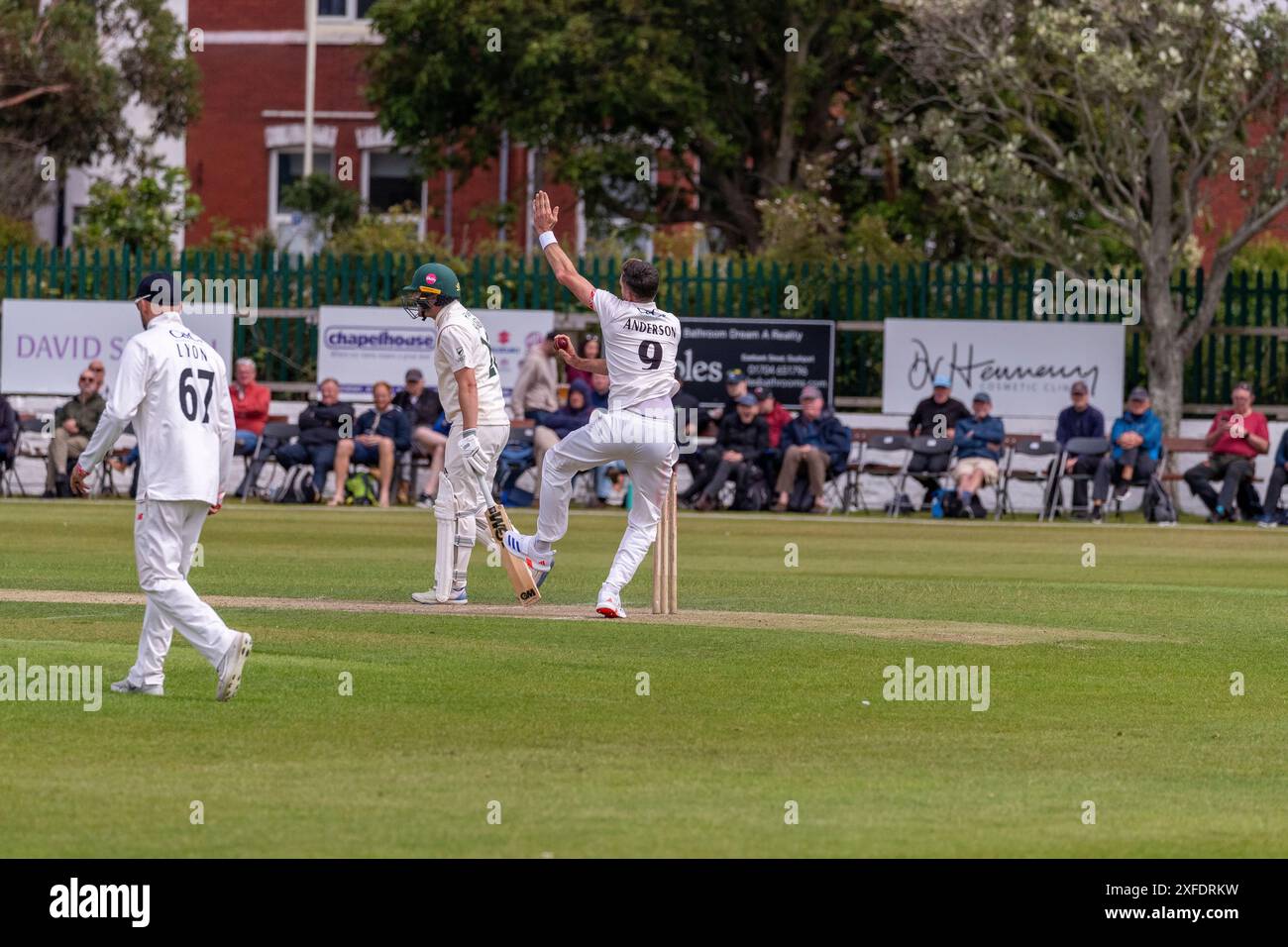 James Anderson bowling during Lancashire v Nottinghamshire County Match 02.07.24 Stock Photo