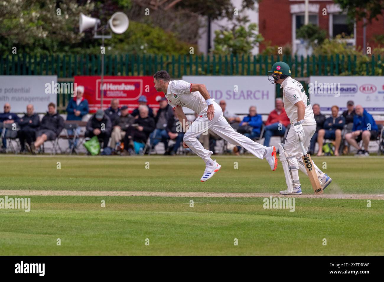 James Anderson bowling during Lancashire v Nottinghamshire County Match 02.07.24 Stock Photo
