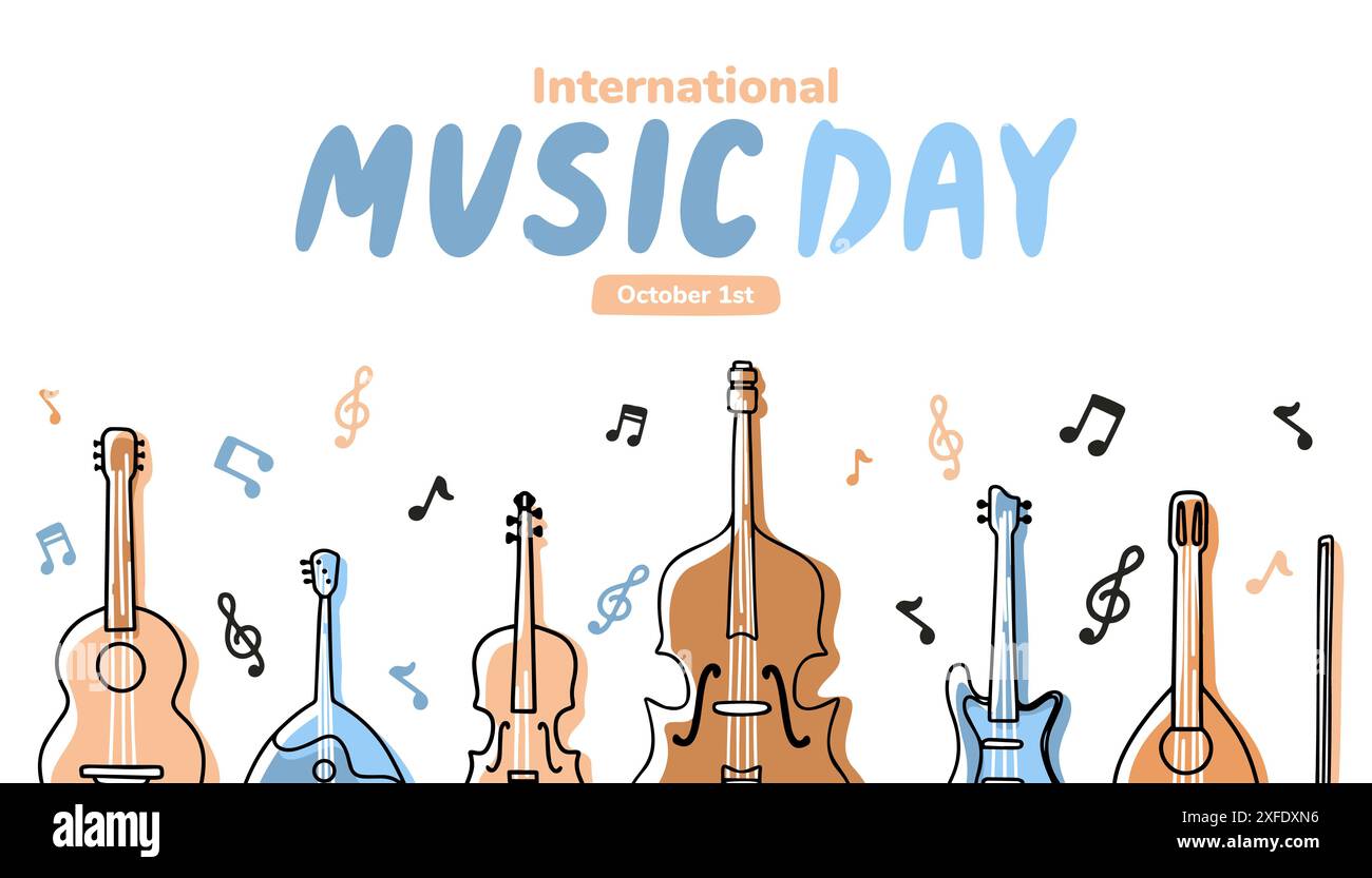 Vector Line Art for International Music Day, Instruments in Flat Handwritten Style Stock Vector