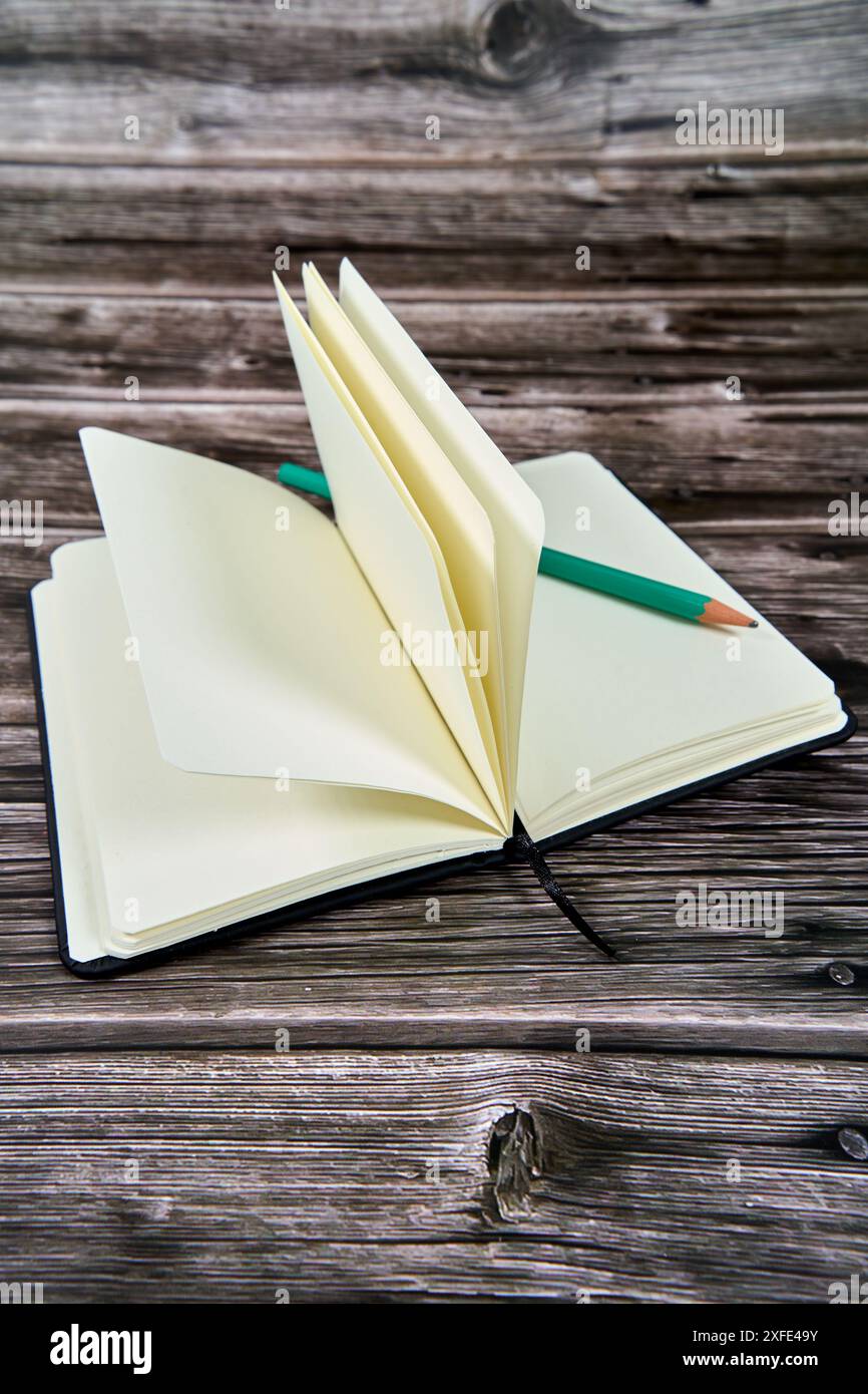 Open notebook with blank pages and a green pencil on a wooden table. Stock Photo