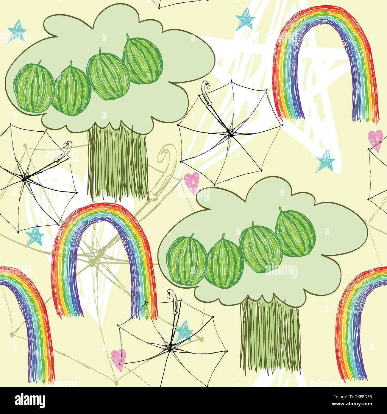 child's drawing of a multicolored rainbow and tree with watermelons Stock Vector