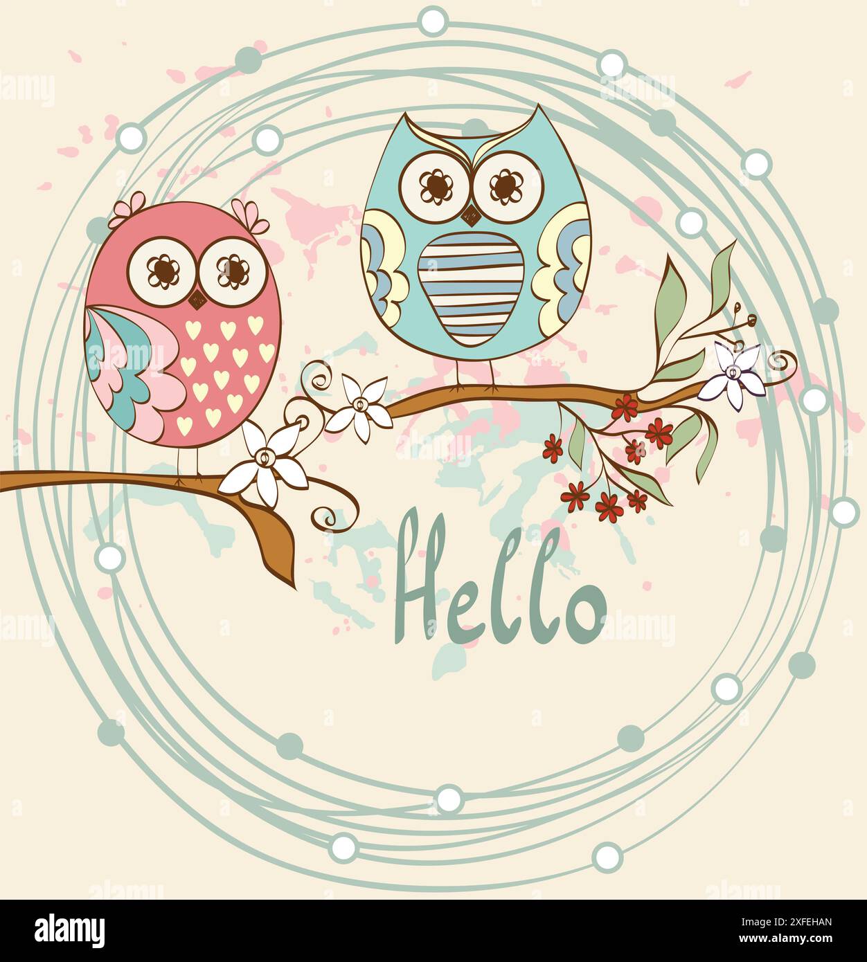 illustration with owls sitting on the branches Stock Vector Image & Art ...