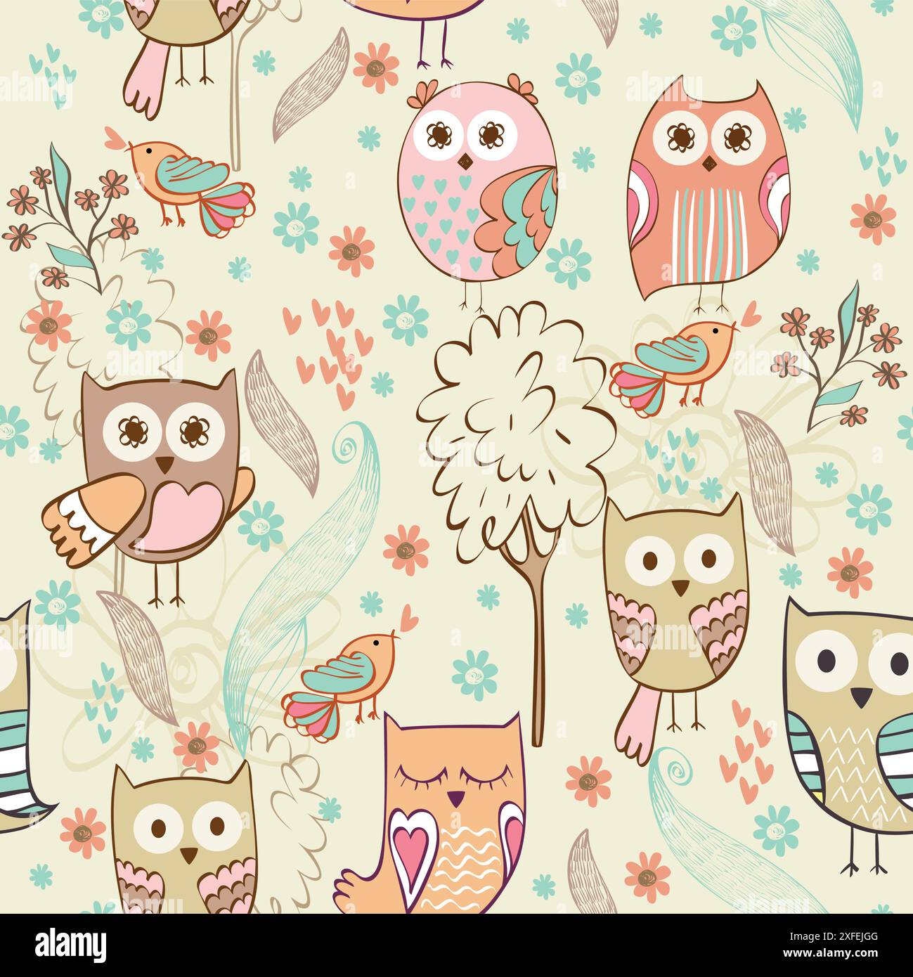 Cute floral seamless pattern with cartoon owls Stock Vector Image & Art ...
