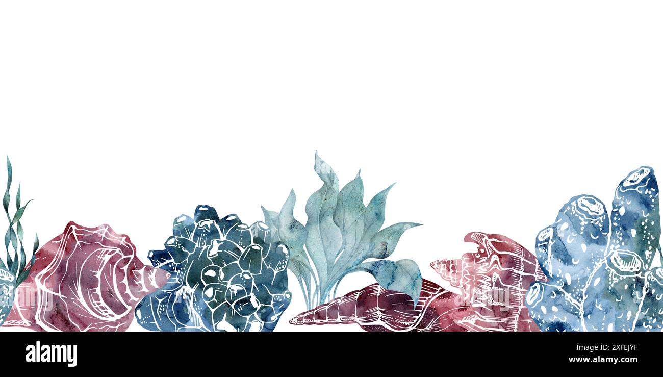 Watercolor and ink hand drawn marine life, sea ocean underwater creatures. fish, shells algae seaweed. Seamless banner illustration, stylized Stock Photo