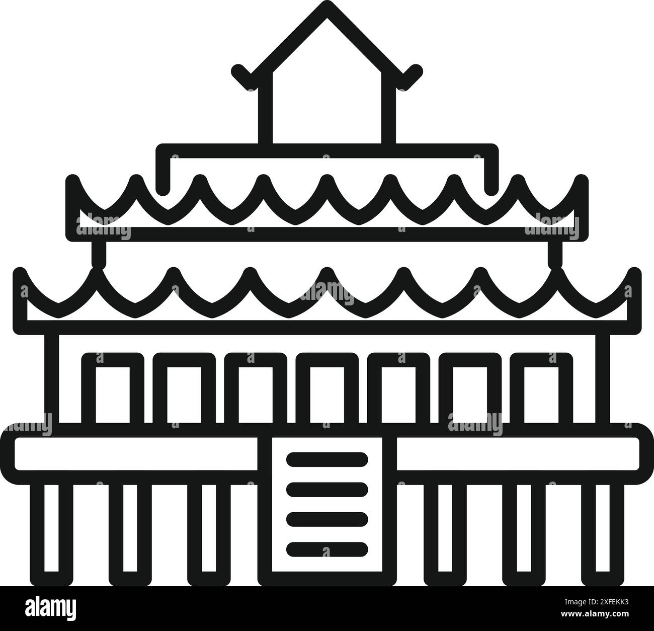 Simple line icon of a traditional asian house, with a curved roof and standing on stilts Stock Vector