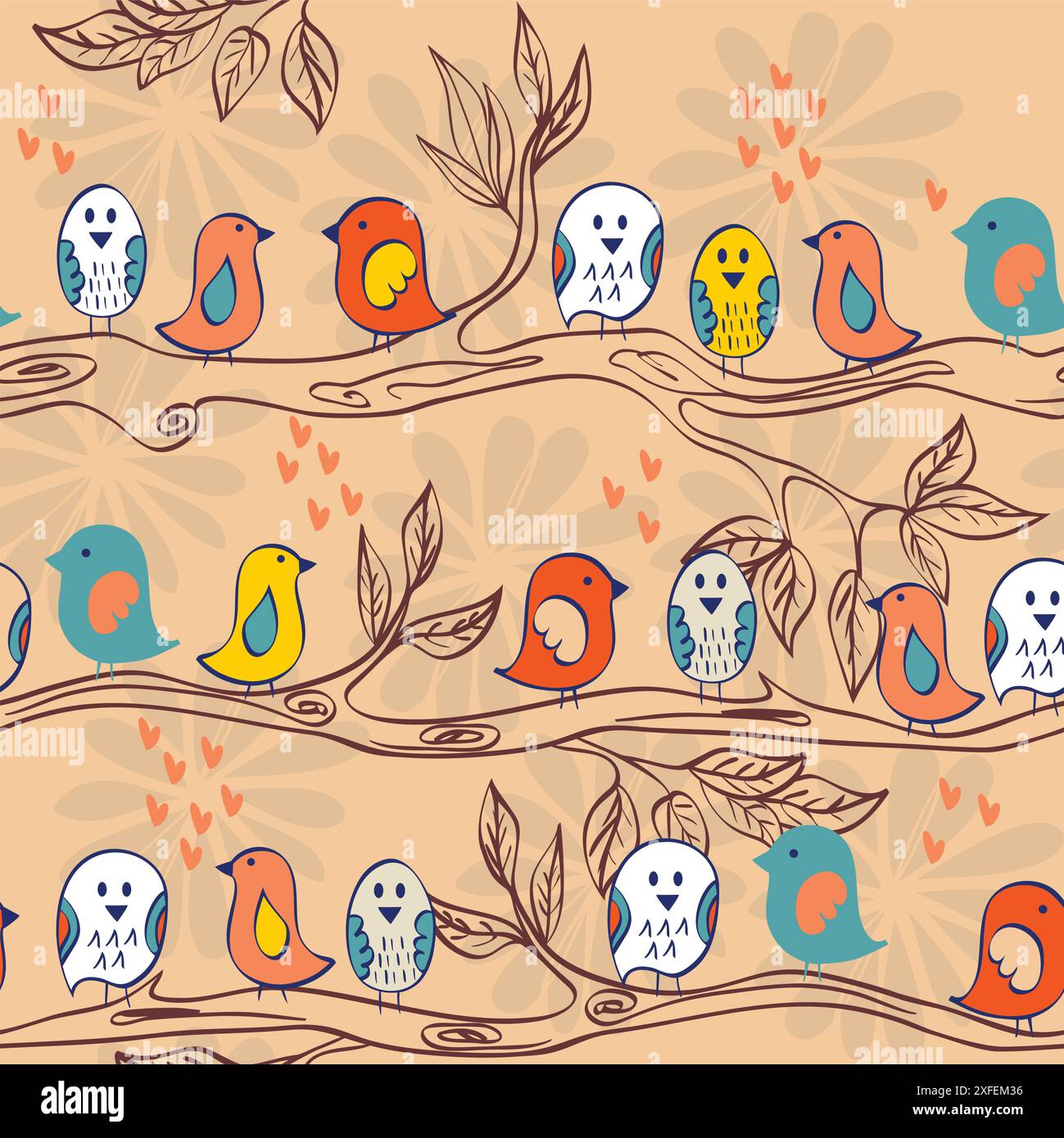 Birds sitting on a tree branch. Seamless pattern Stock Vector