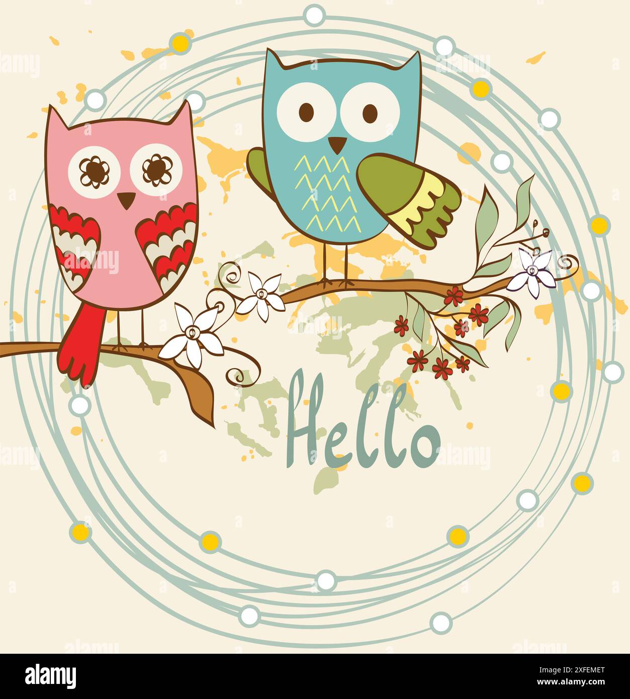 illustration with cartoon owls sitting on the branches Stock Vector ...