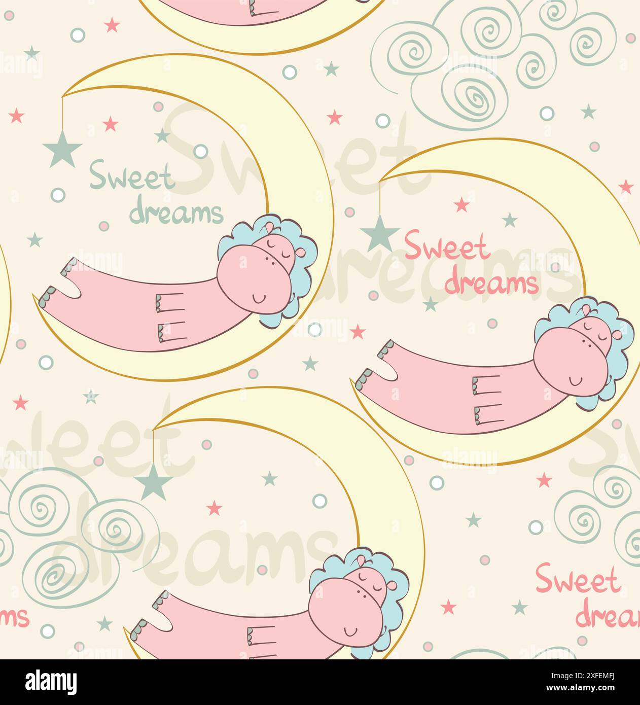 Cartoon Sleeping hippopotamus. Cute Hand Drawn seamless pattern Stock Vector