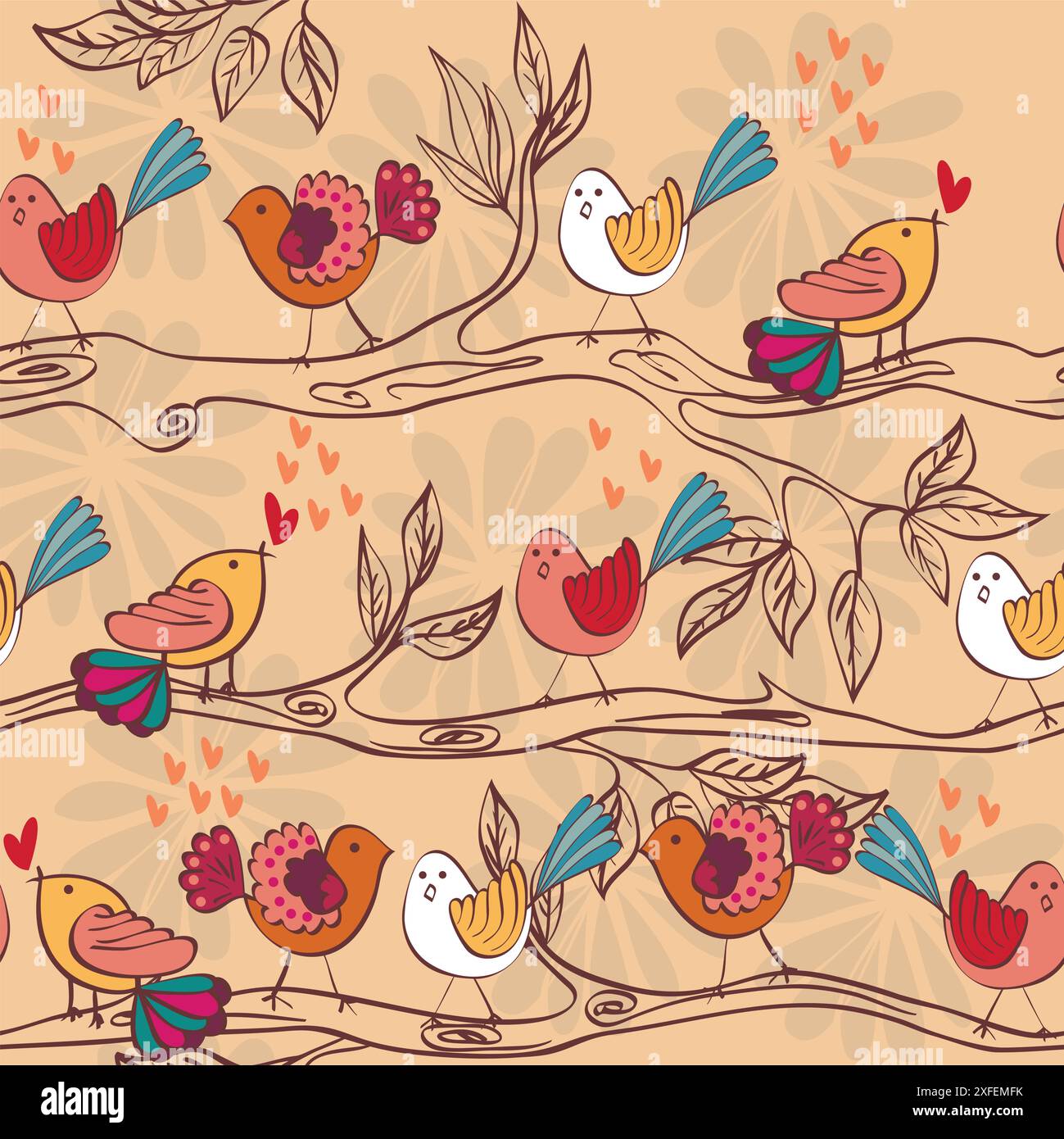 Birds sitting on a tree branch. Seamless pattern Stock Vector