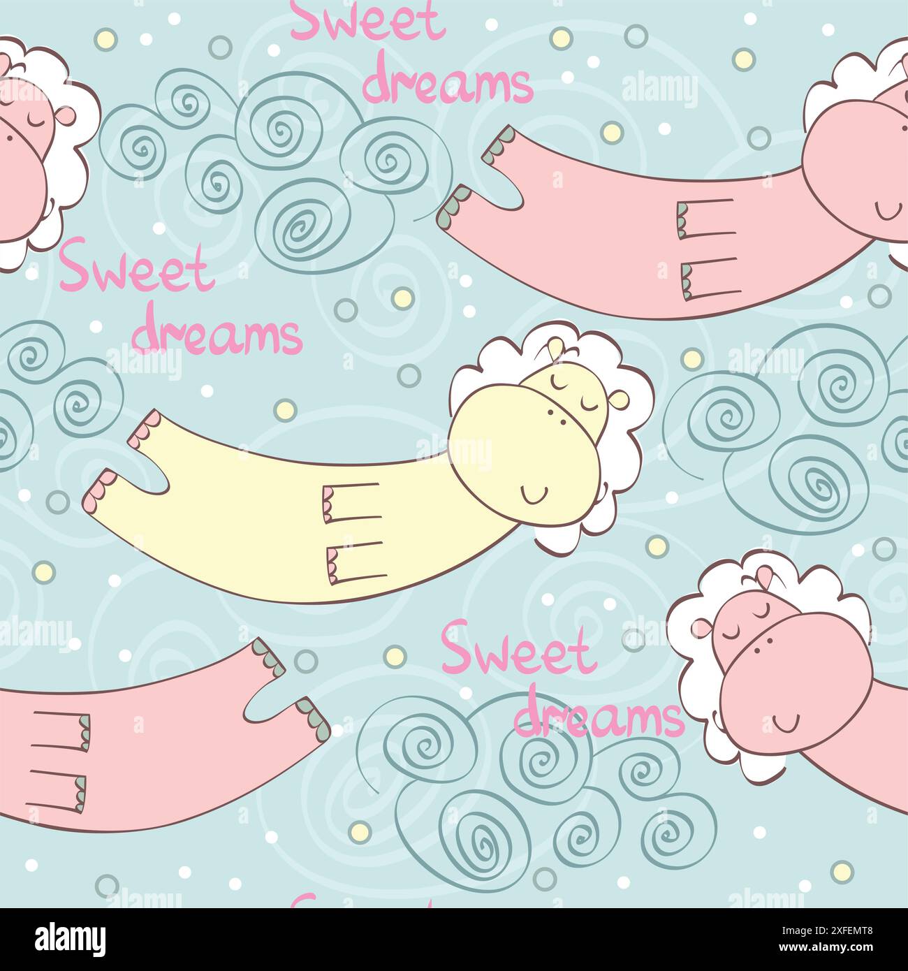 Cartoon Sleeping hippopotamus. Cute Hand Drawn seamless pattern Stock Vector