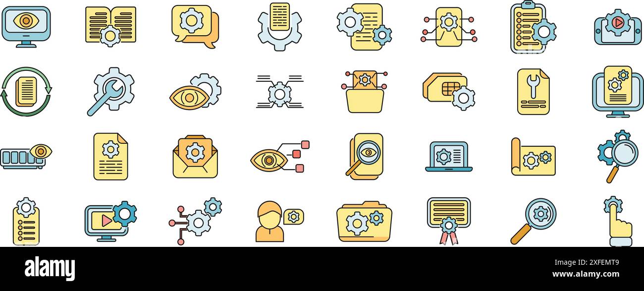 Technical overview icons set outline vector. Phone specification. Camera memory thin line color flat on white Stock Vector