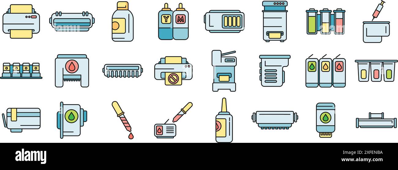 Cartridge filling icons set outline vector. Computer copier. Device digital thin line color flat on white Stock Vector