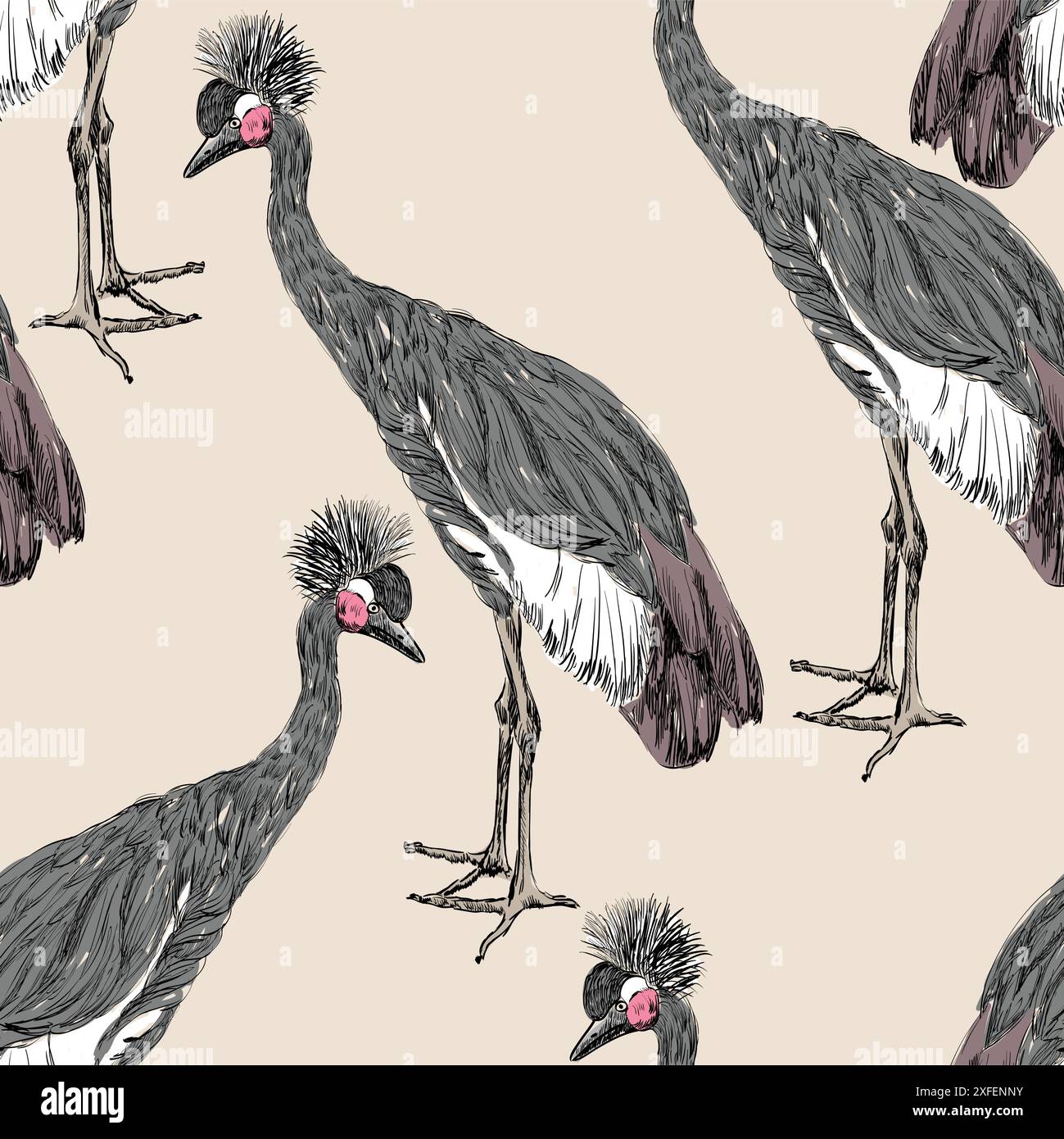 Crowned Crane sketch on a beige background. Seamless pattern Stock Vector