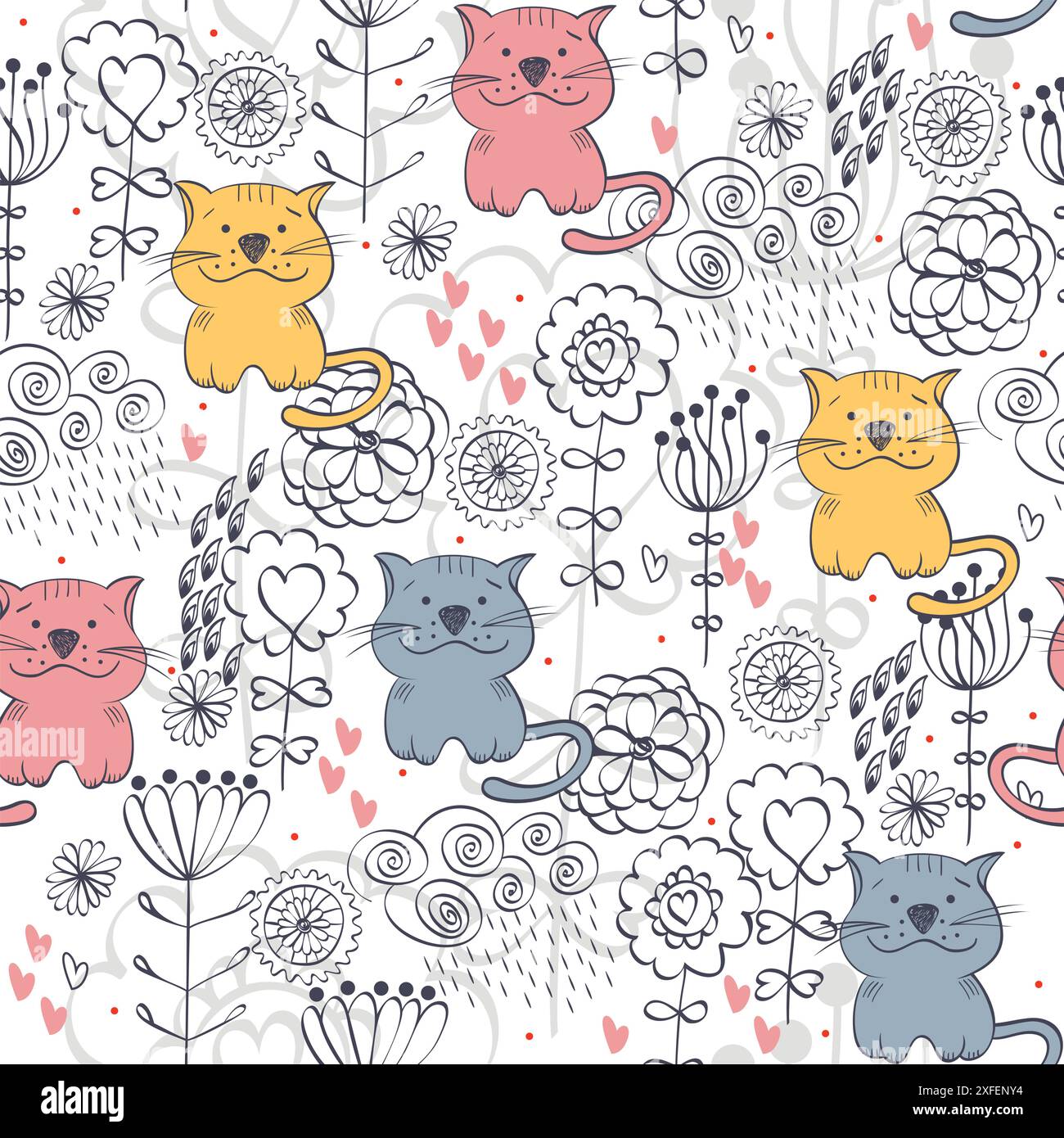 babies hand drawn seamless pattern with cats Stock Vector Image & Art ...
