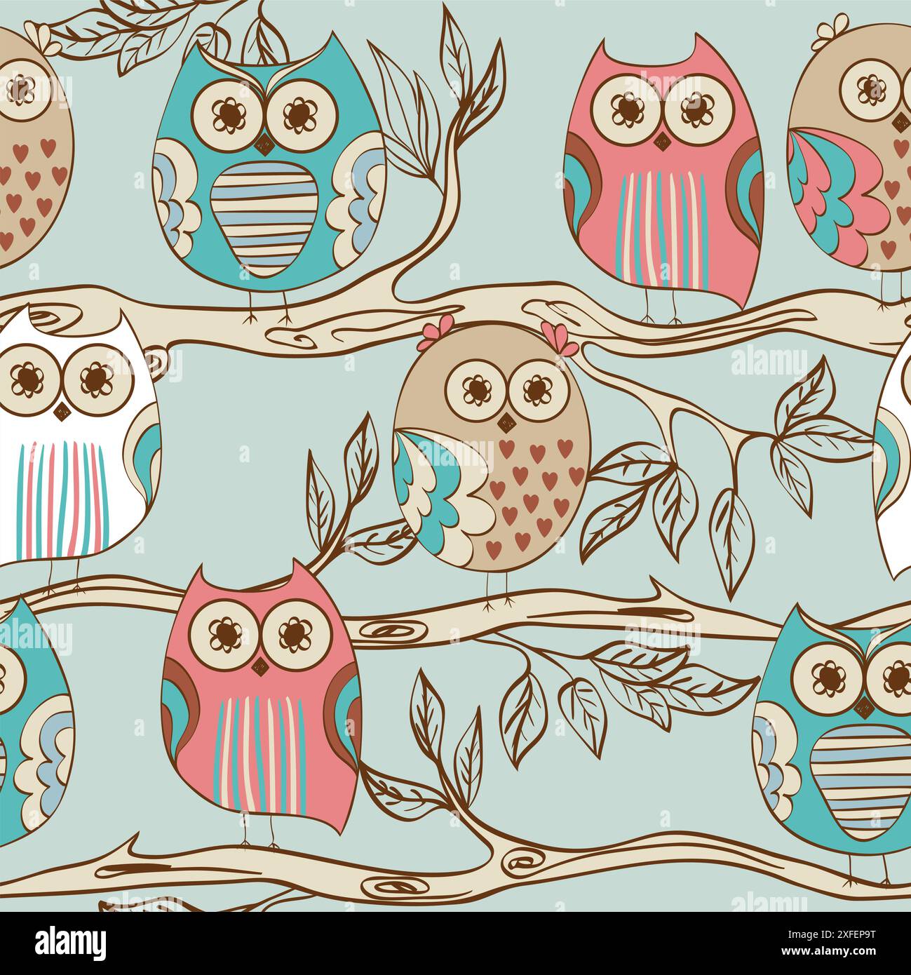 Owls sitting on a tree branch. Seamless pattern Stock Vector